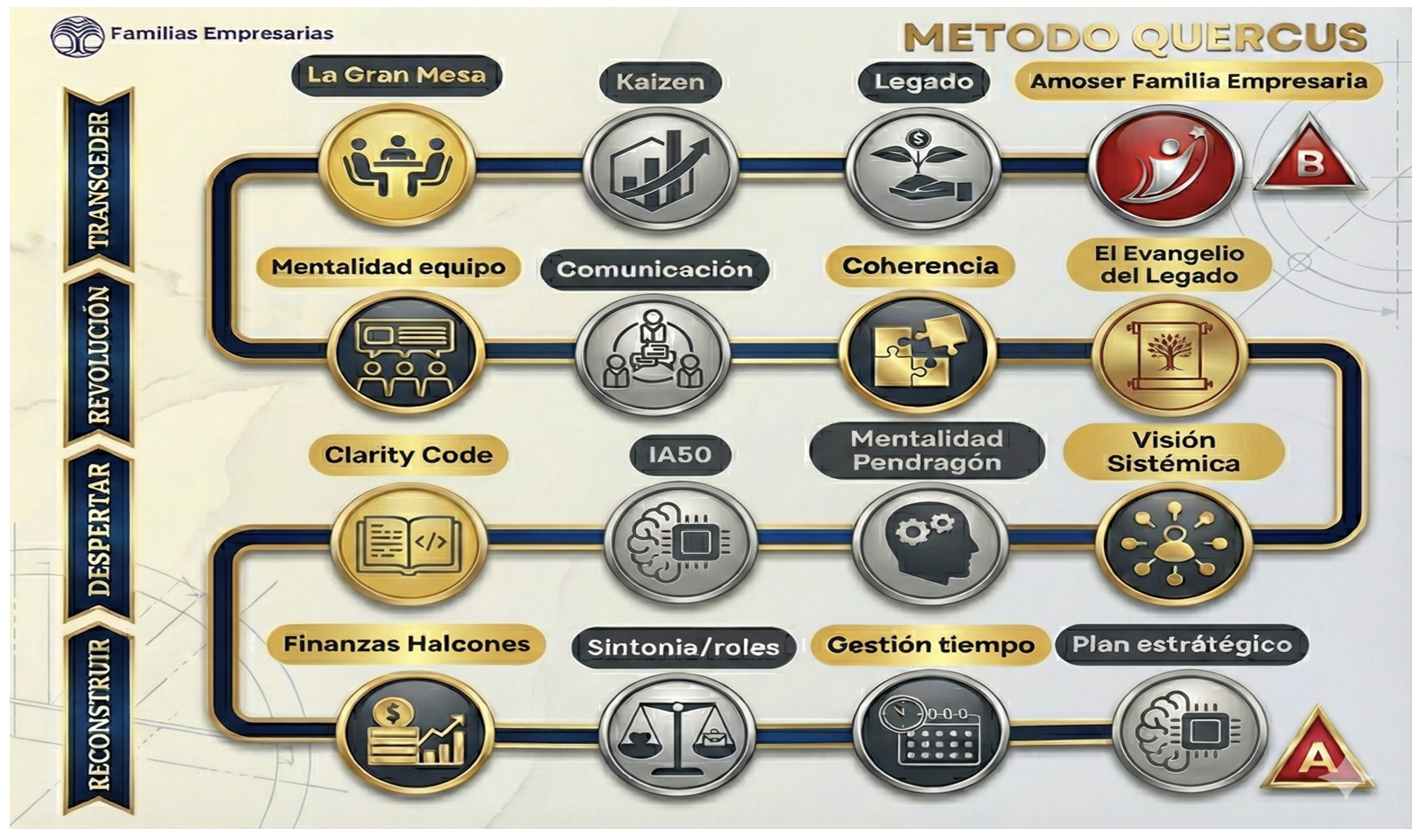 Mapa original del Método Quercus con las 16 esferas desde el Punto A hasta la Posición B